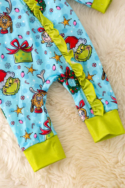 Baby Girls Grinch Christmas Onesie With Ruffle Trim-Blue