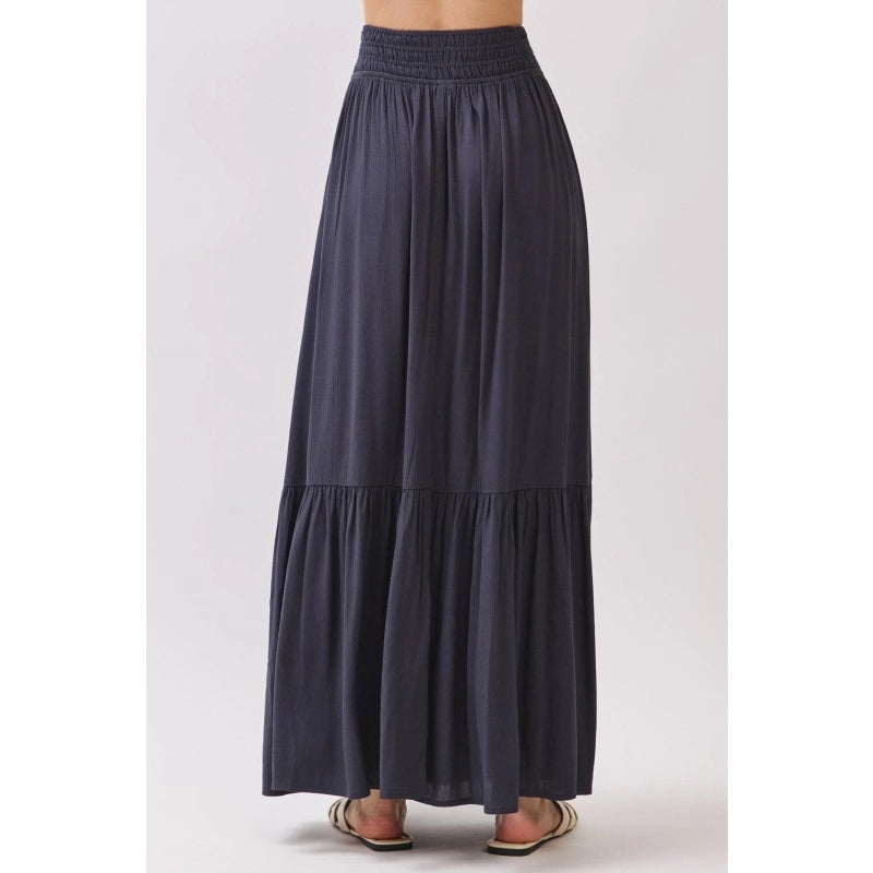 Ladies Ruffled Smocked Waist Tiered Maxi Skirt-Midnight