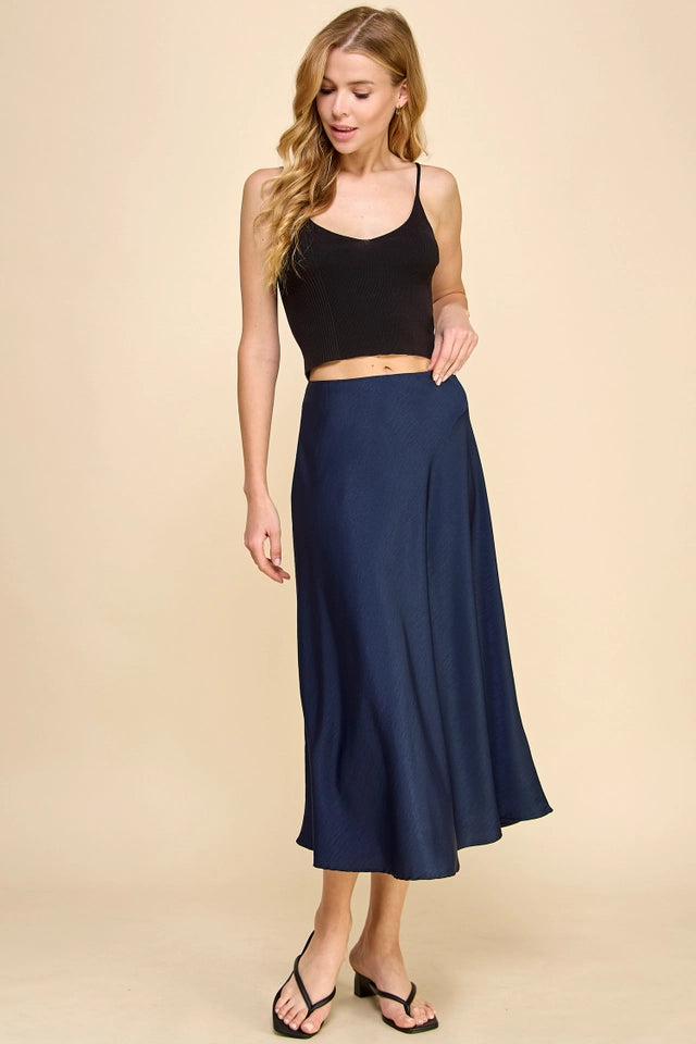 Ladies Satin Midi Skirt-Navy