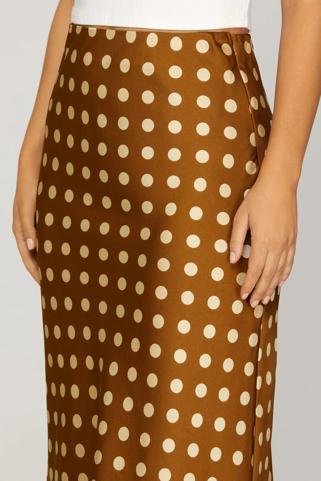 Ladies Woven Polka Dot Print Midi Skirt - Brown