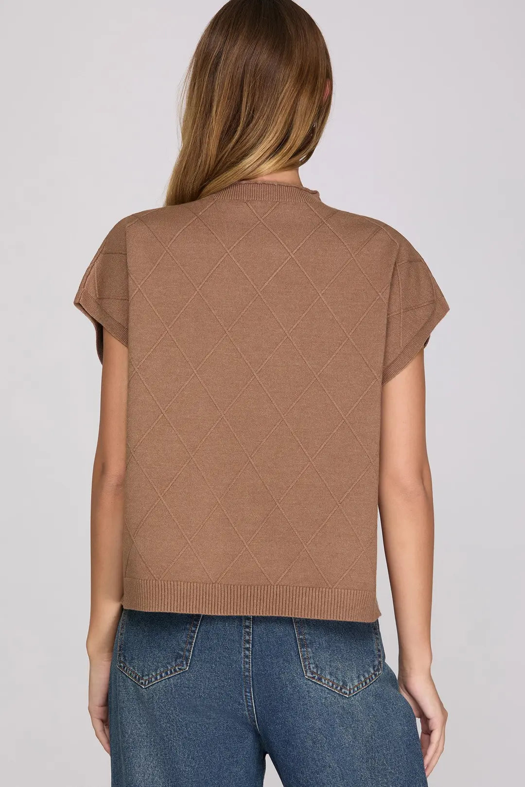 Ladies Drop Shoulder Mock Neck Sweater Vest-Mocha