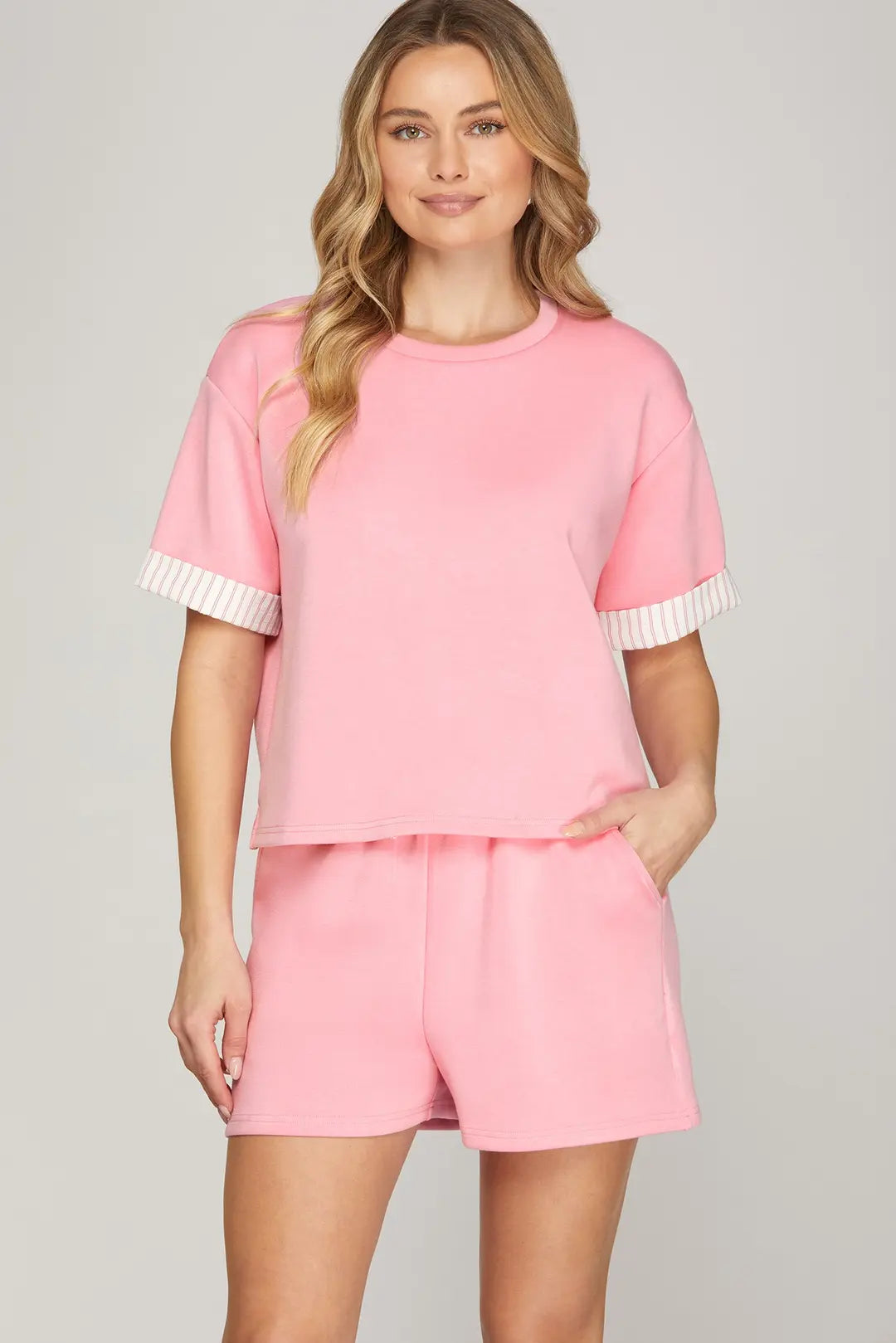 Ladies Knit Shorts with Contract Elastic Waistband-Pink