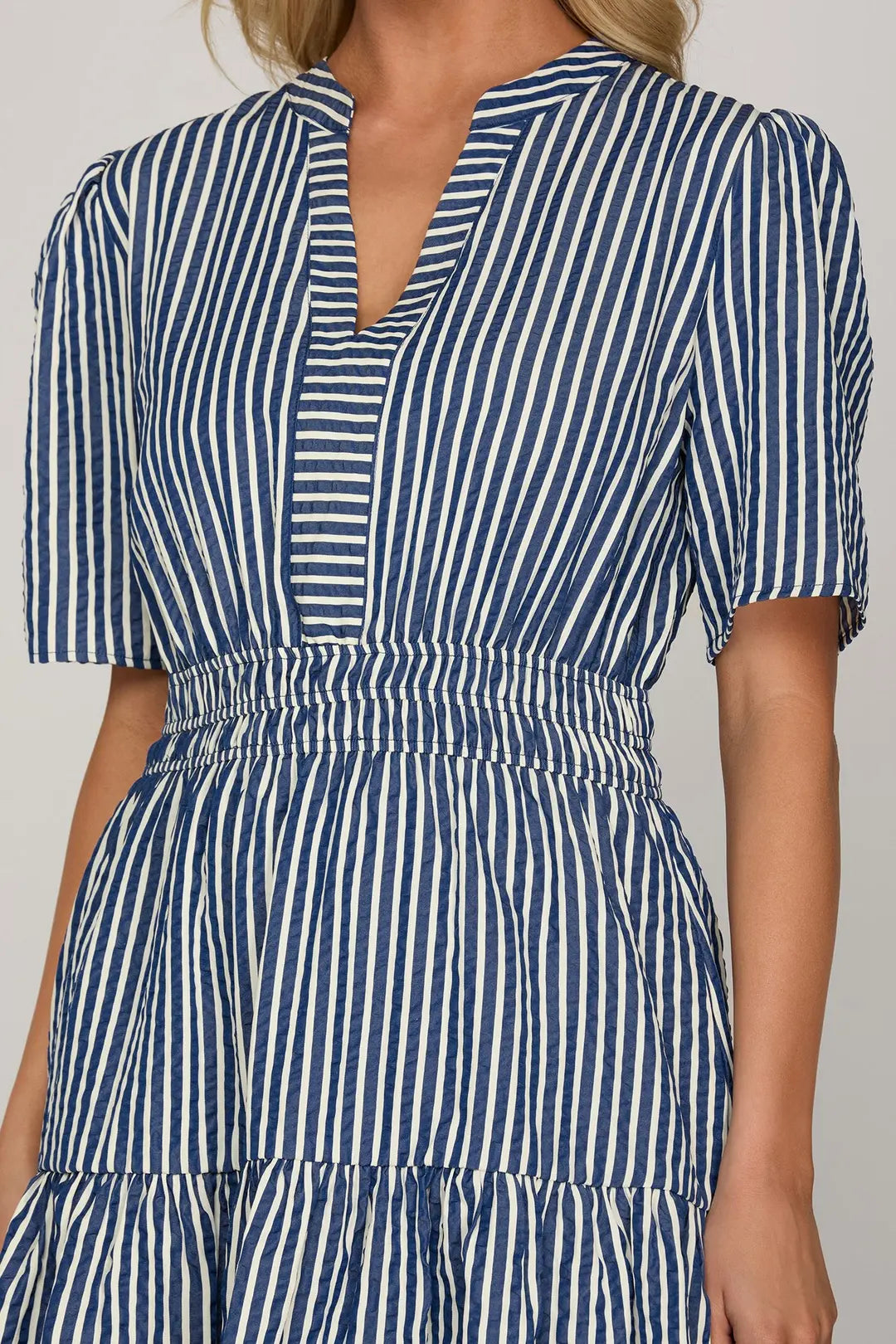 Ladies Short Sleeve Striped Woven Mini Dress-Navy