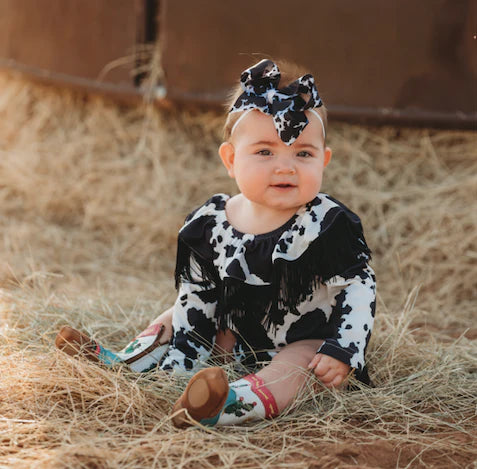 Girls Cow Print Off Shoulder w/Fringe Top by Shea Baby
