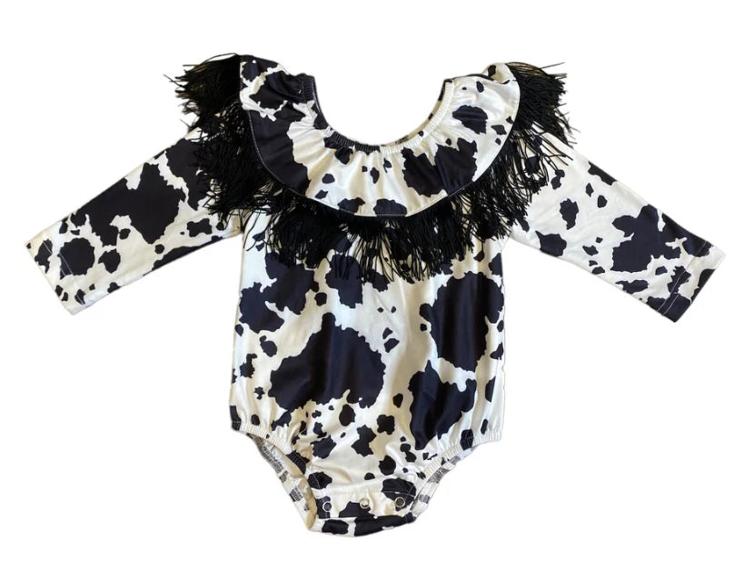 Girls Cow Print Off Shoulder w/Fringe Top by Shea Baby