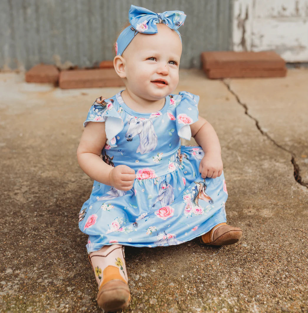 Girls Blue Horse Floral Dress by Shea Baby