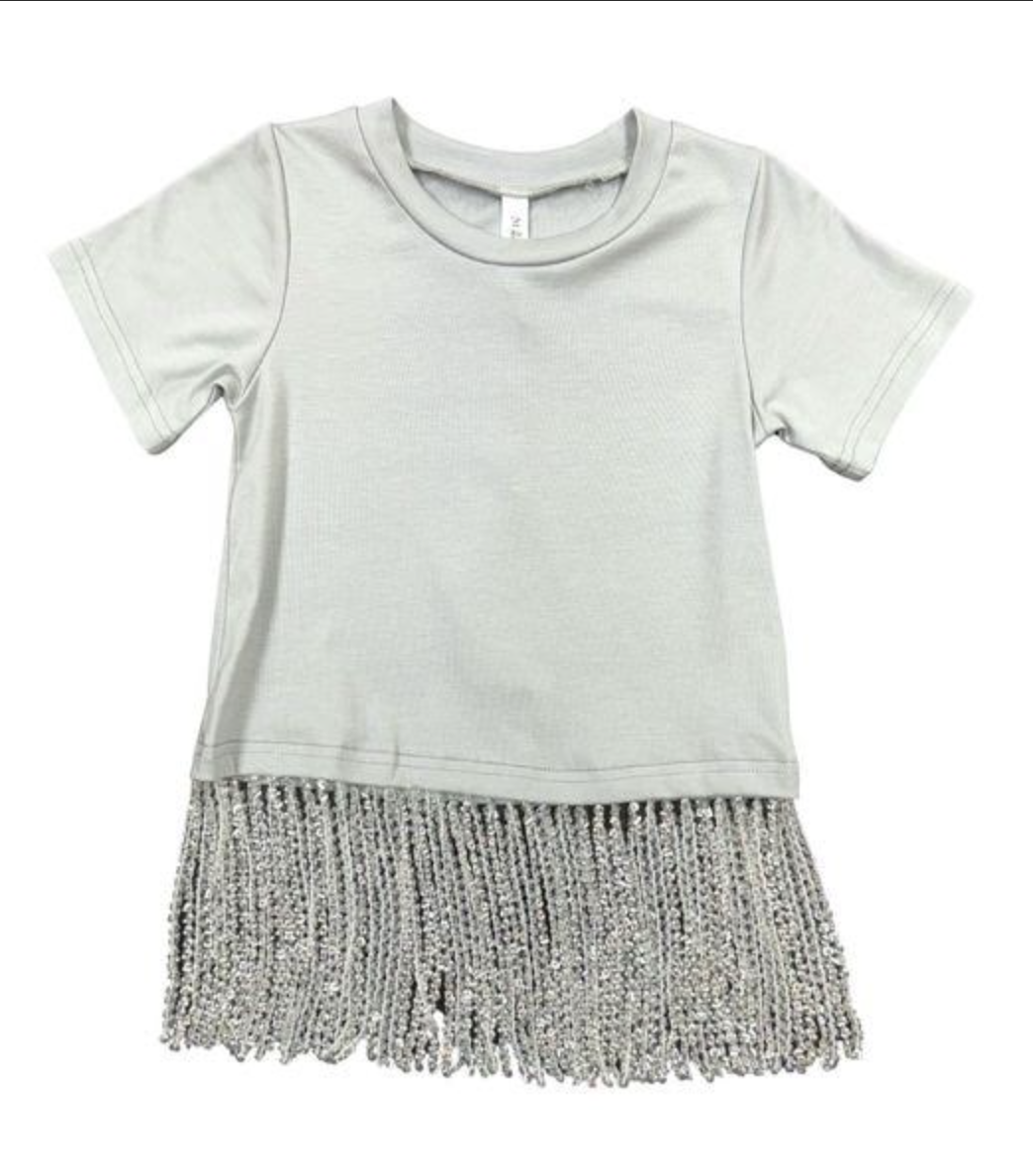Girls Grey SS T-Shirt with Beaded Fringe by ML Kids