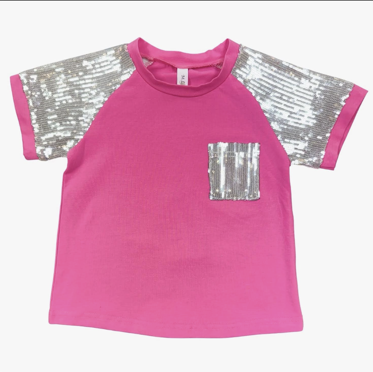 Girls Hot Pink Sequin Sleeve and Pocket T-Shirt by ML Kids