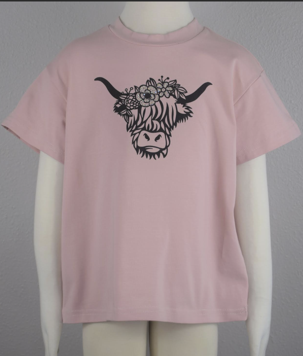 Girls Blush Tee with Highland Cow by ML Kids