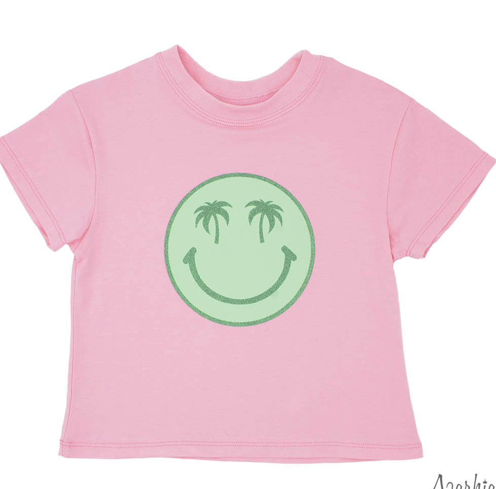 Girls Palm Smiley in Glitter on Pink Boxy Tee by Azarhia