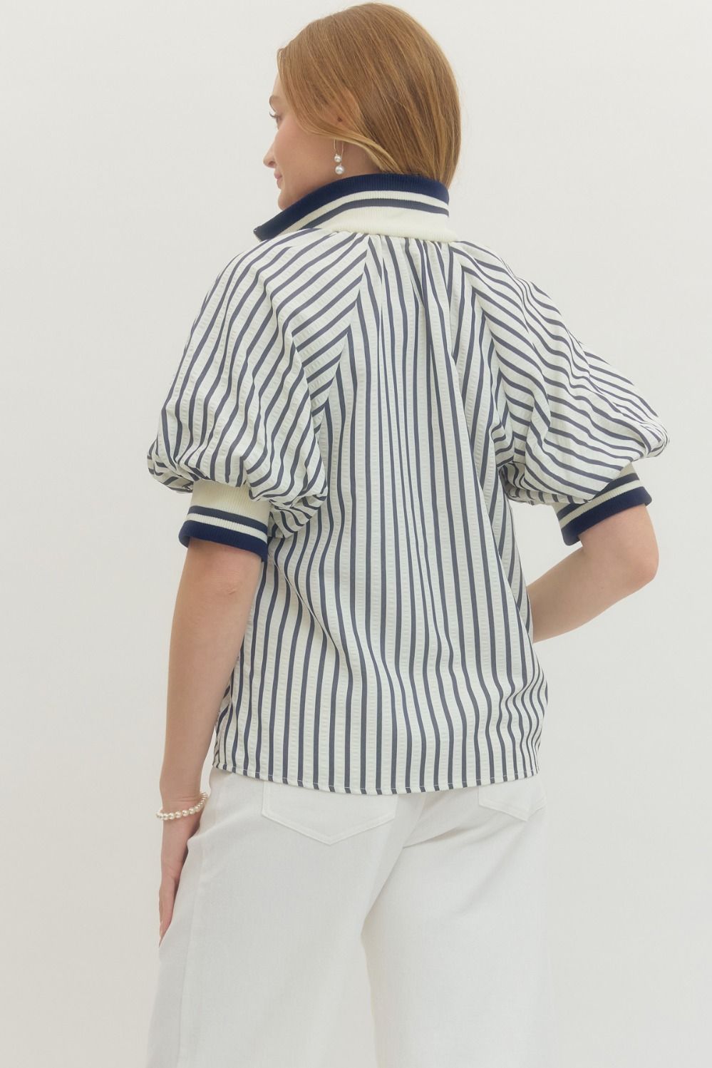 Ladies Striped Short Puff Sleeve Top by Entro-Navy