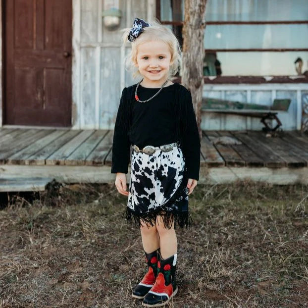 Girls Black Cowprint Fringe Skirt by Shea Baby