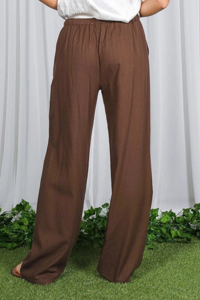 Ladies Mid-Rise Waist Straight Leg Linen Pants-Brown
