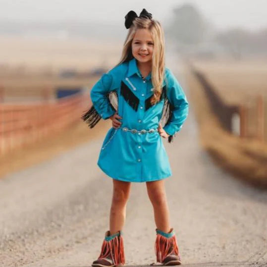 Girls Teal Cowgirl Vintage Long Sleeve Dress by Shea Baby