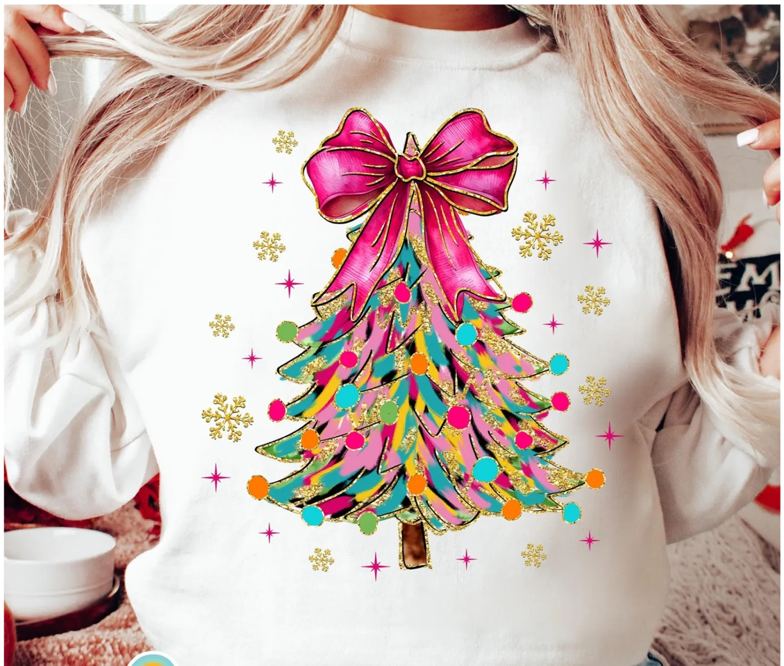 Ladies Watercolor Christmas Tree Crewneck Tee-White