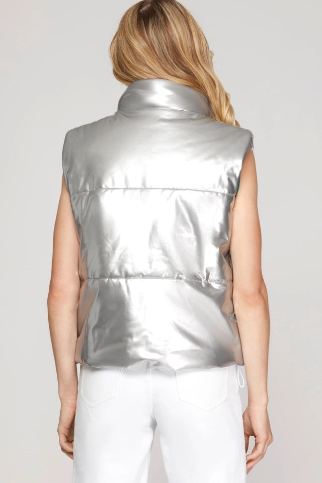 Ladies Stand Collar Metallic Silver Puffer Vest-Silver