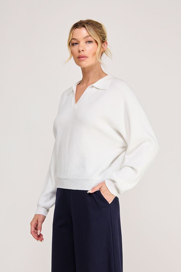 Ladies Soft Fine Gauge Ribbed Dolman Long Sleeve Polo Pullover Sweater-Off White