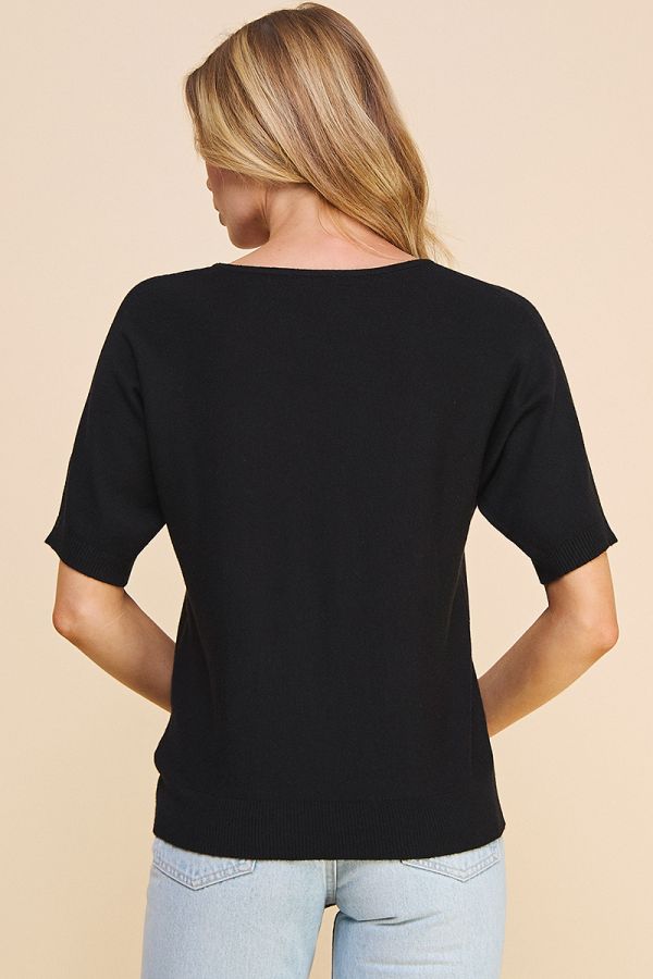 Ladies Soft Fine Gauge Short sleeve Dolman Top with Pointelle V-Neck by Allie Rose - Black