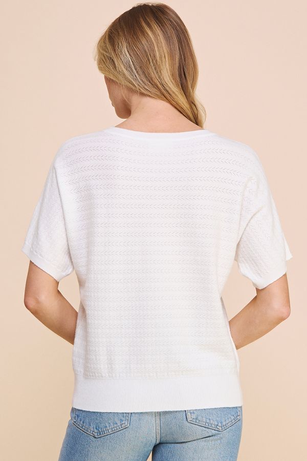 Ladies Soft Fine Gauge Pointelle Short Sleeve Top by Allie Rose - Off White