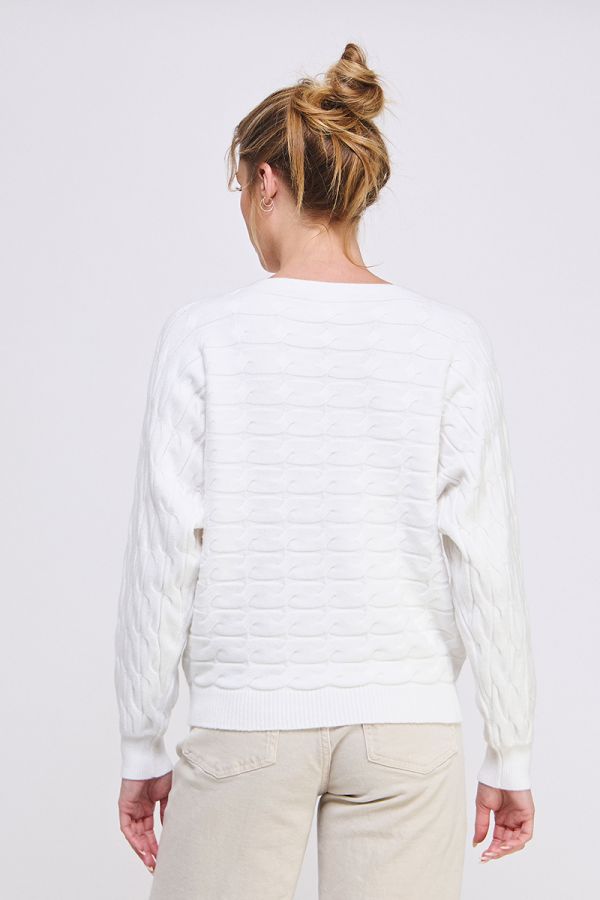 Ladies Soft Long Sleeve Dolman Fine Gauge in Horizontal Cable Knit Pattern by Allie Rose - Off White
