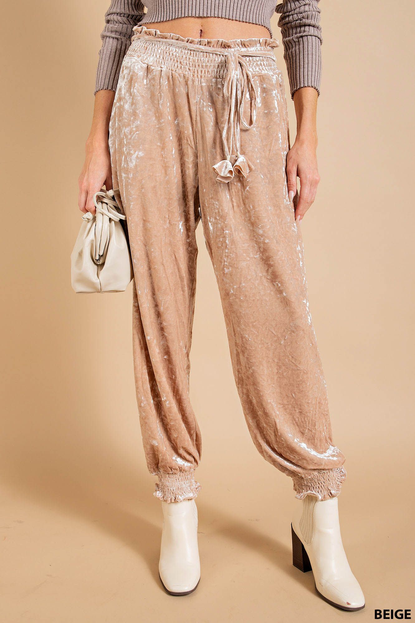 Ladies KORI Soft Velvet Crinkle Smocking Waistband & Bottom Band Joggers-Beige
