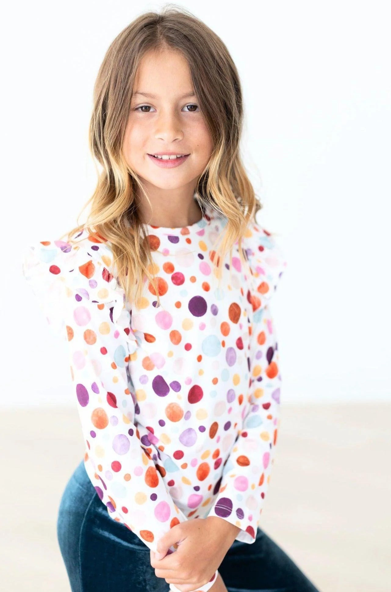 Girls Watercolor Pebbles L/S Ruffles Tee by Mila & Rose