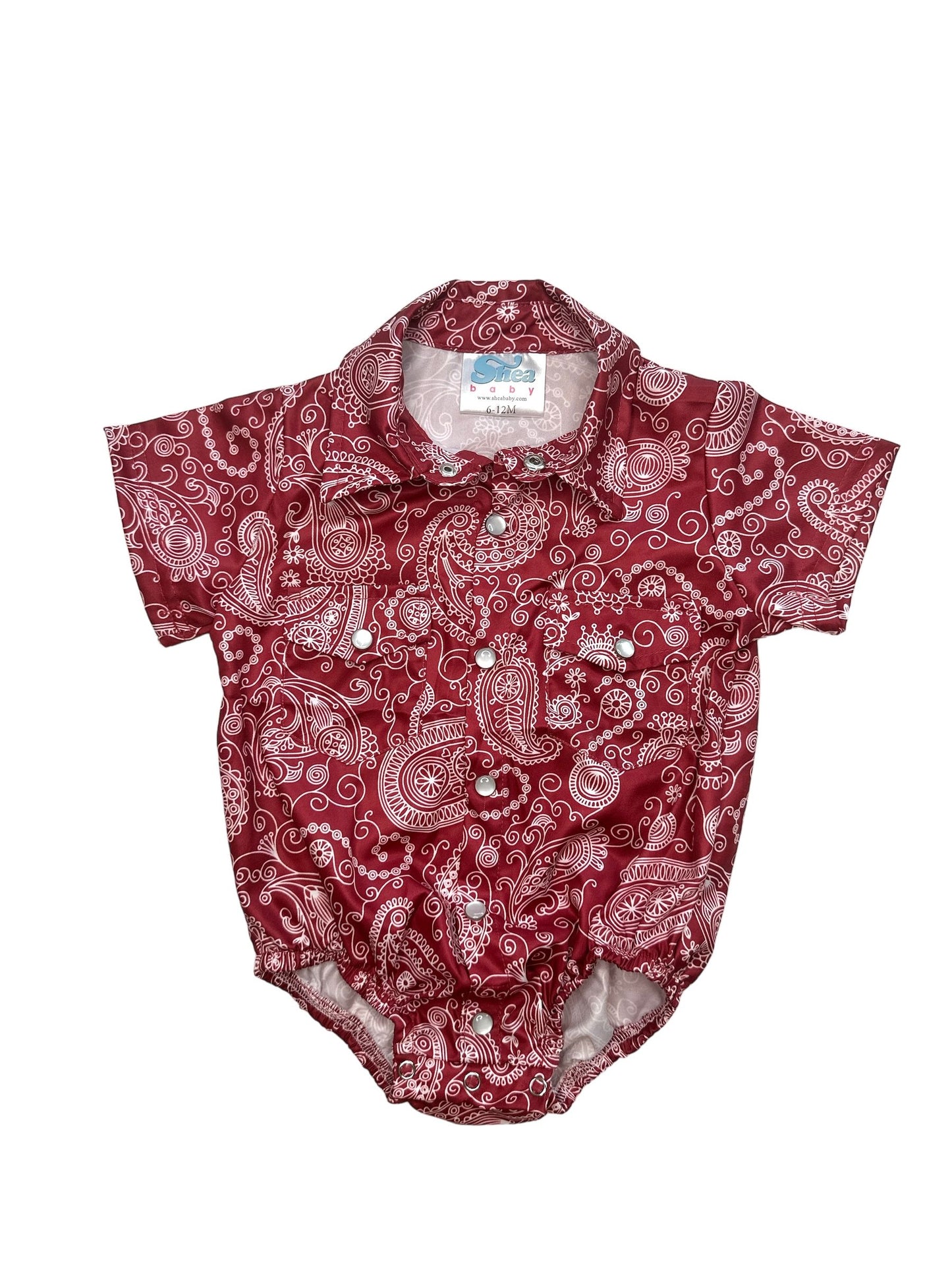 Boys Maroon Paisley Pearl Snap Onesie/Shirt by Shea Baby
