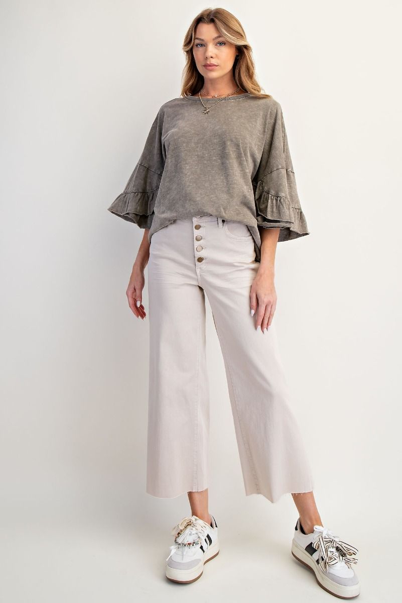 Ladies Easel Button Front Wide Leg Twill Trousers