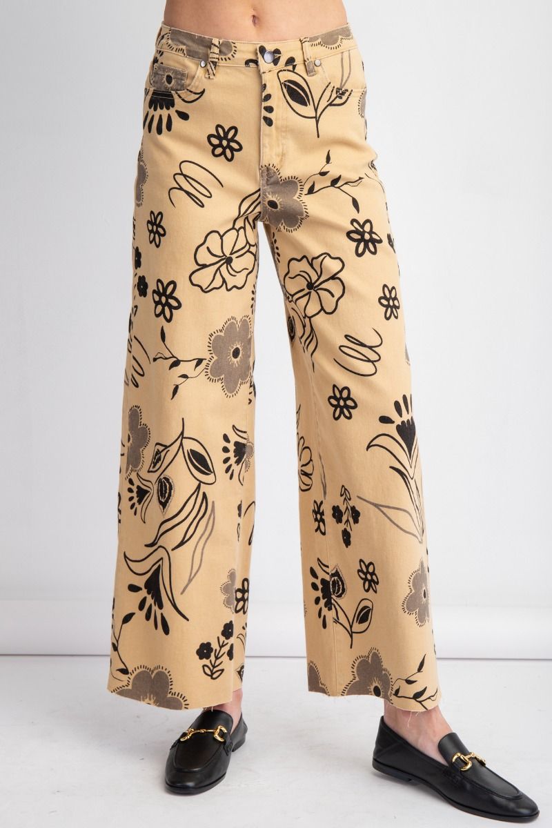 Ladies Floral Printed Washed Twill Wide Pants by Easel