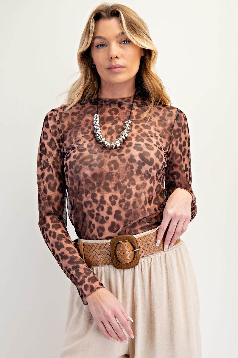 Ladies Animal Print Mesh Top by Easel-Brown