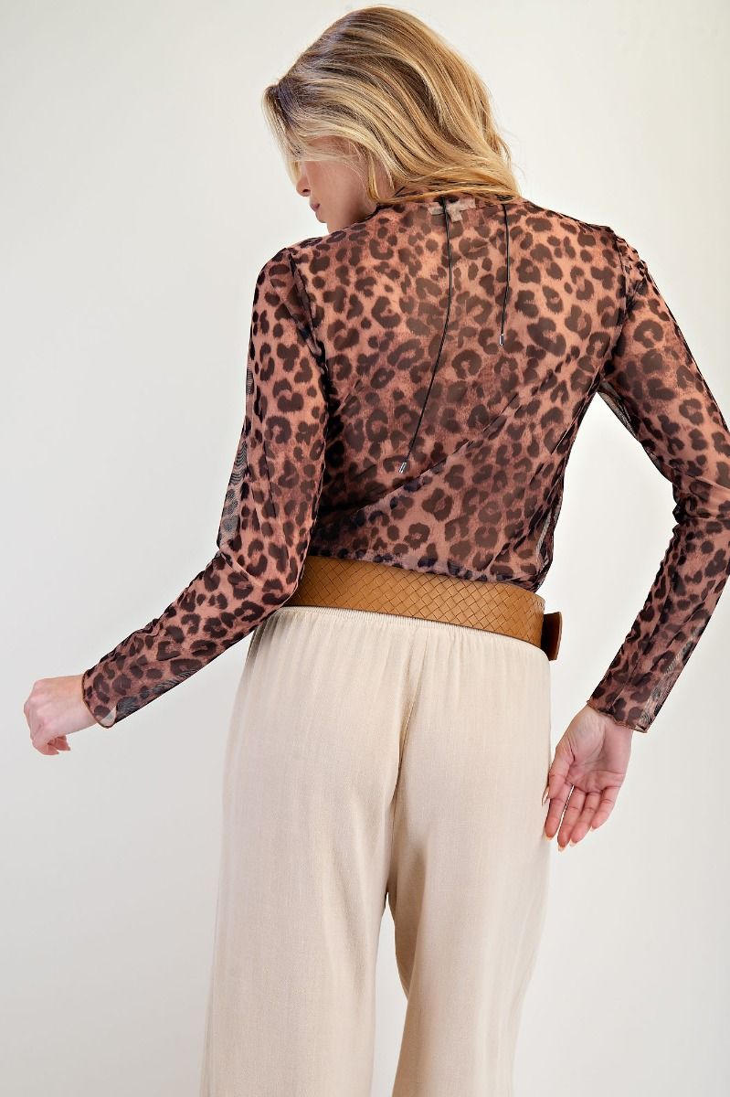 Ladies Animal Print Mesh Top by Easel-Brown