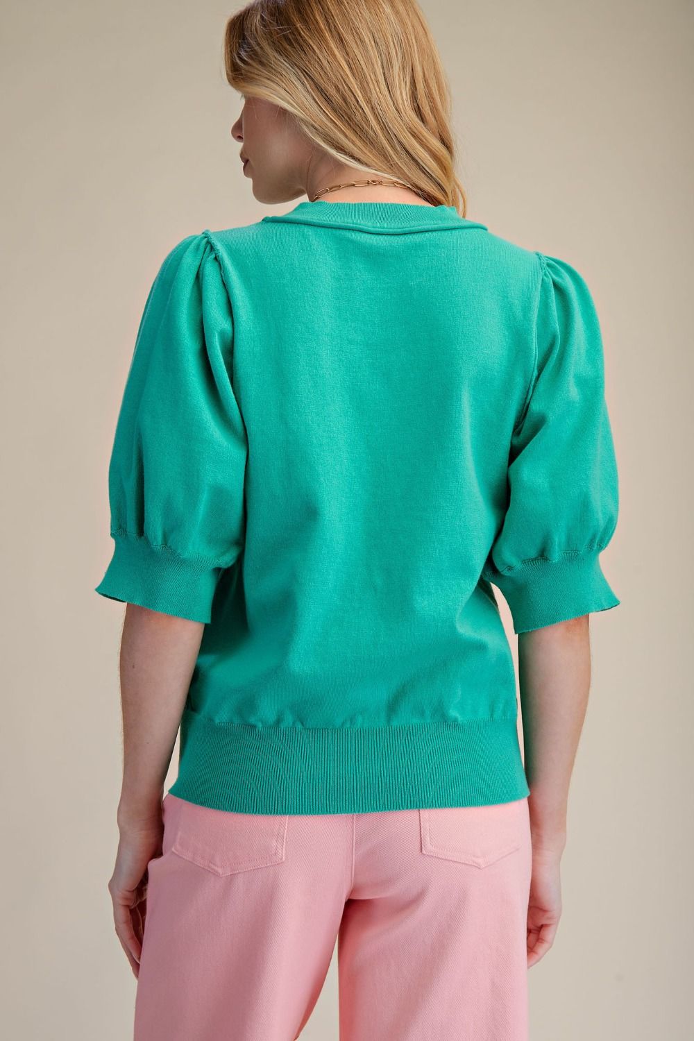 Ladies Short Puff Sleeve Knit Top-Jungle Green