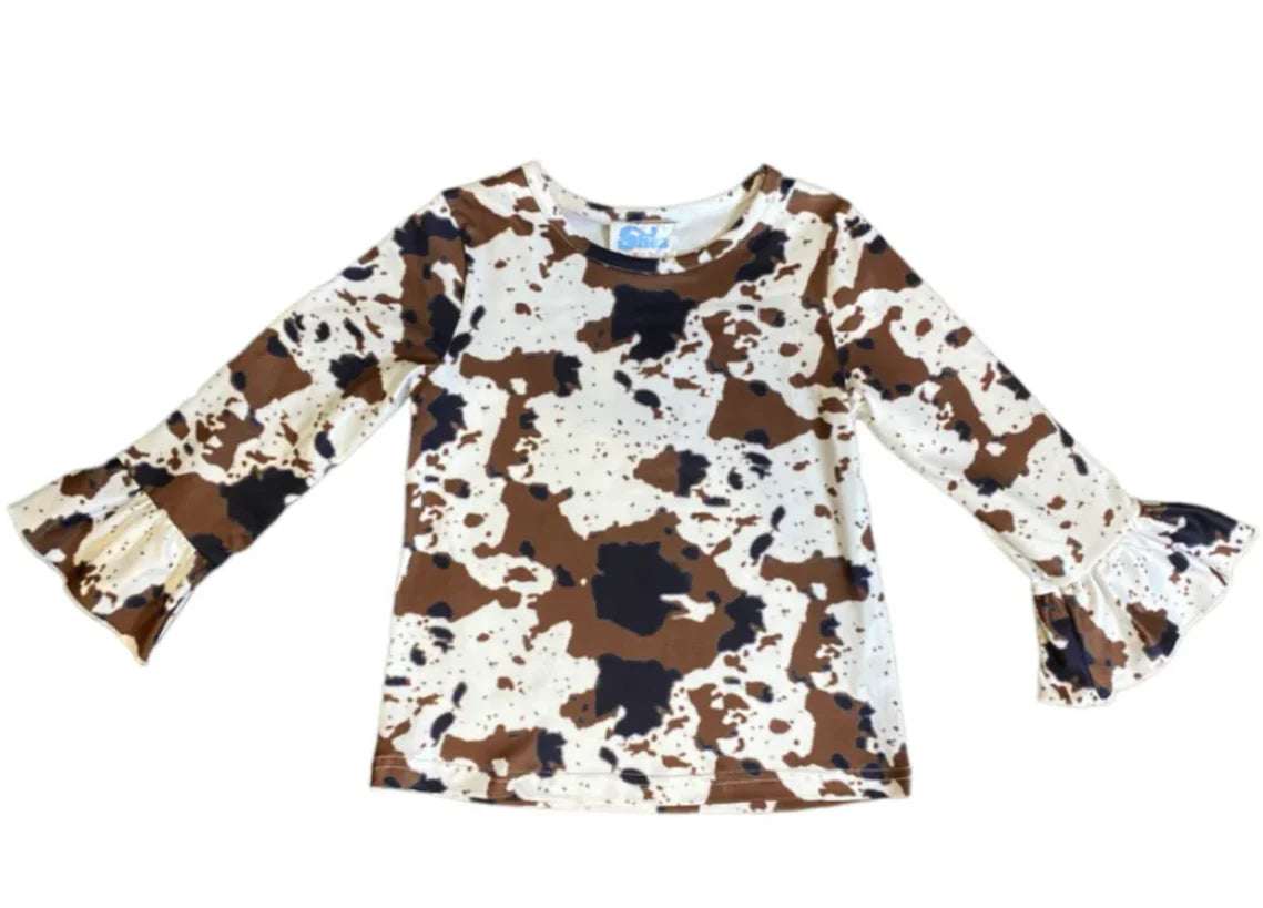 Girls Brown Cowprint Bell Sleeve Shirt by Shea Baby