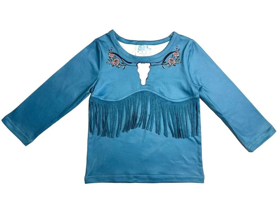 Girls Blue Steer Head Fringe Tee by Shea Baby