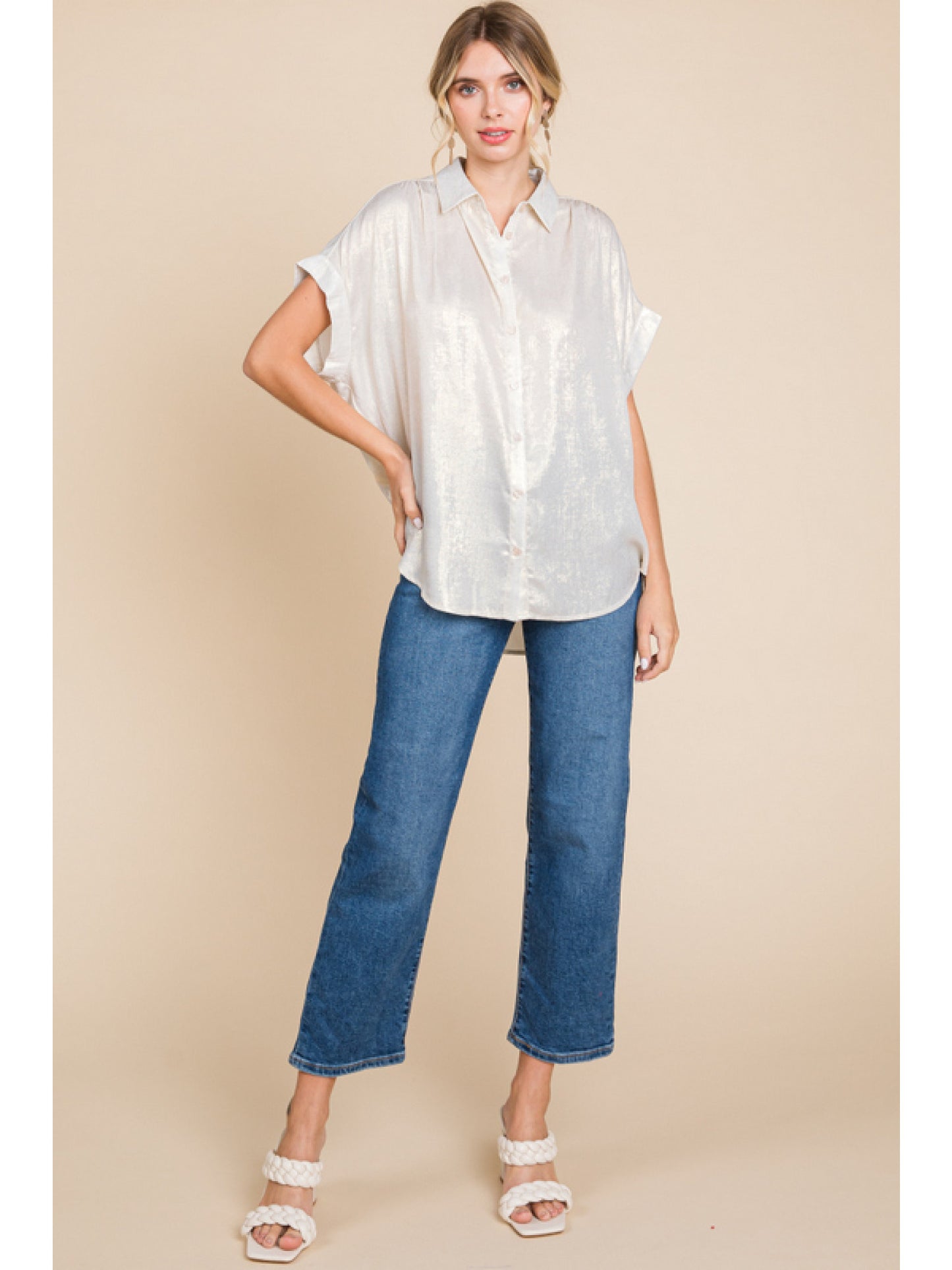 Ladies Jodifl Metallic Collared Button Up Top With Cuffed Short Sleeves and Ruched Shoulders