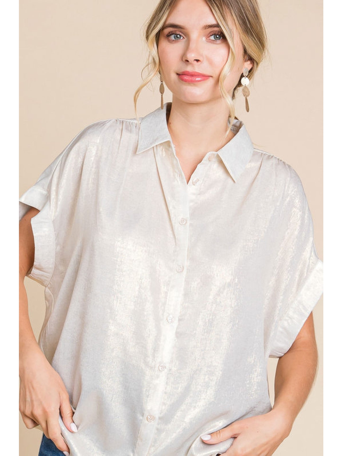 Ladies Jodifl Metallic Collared Button Up Top With Cuffed Short Sleeves and Ruched Shoulders