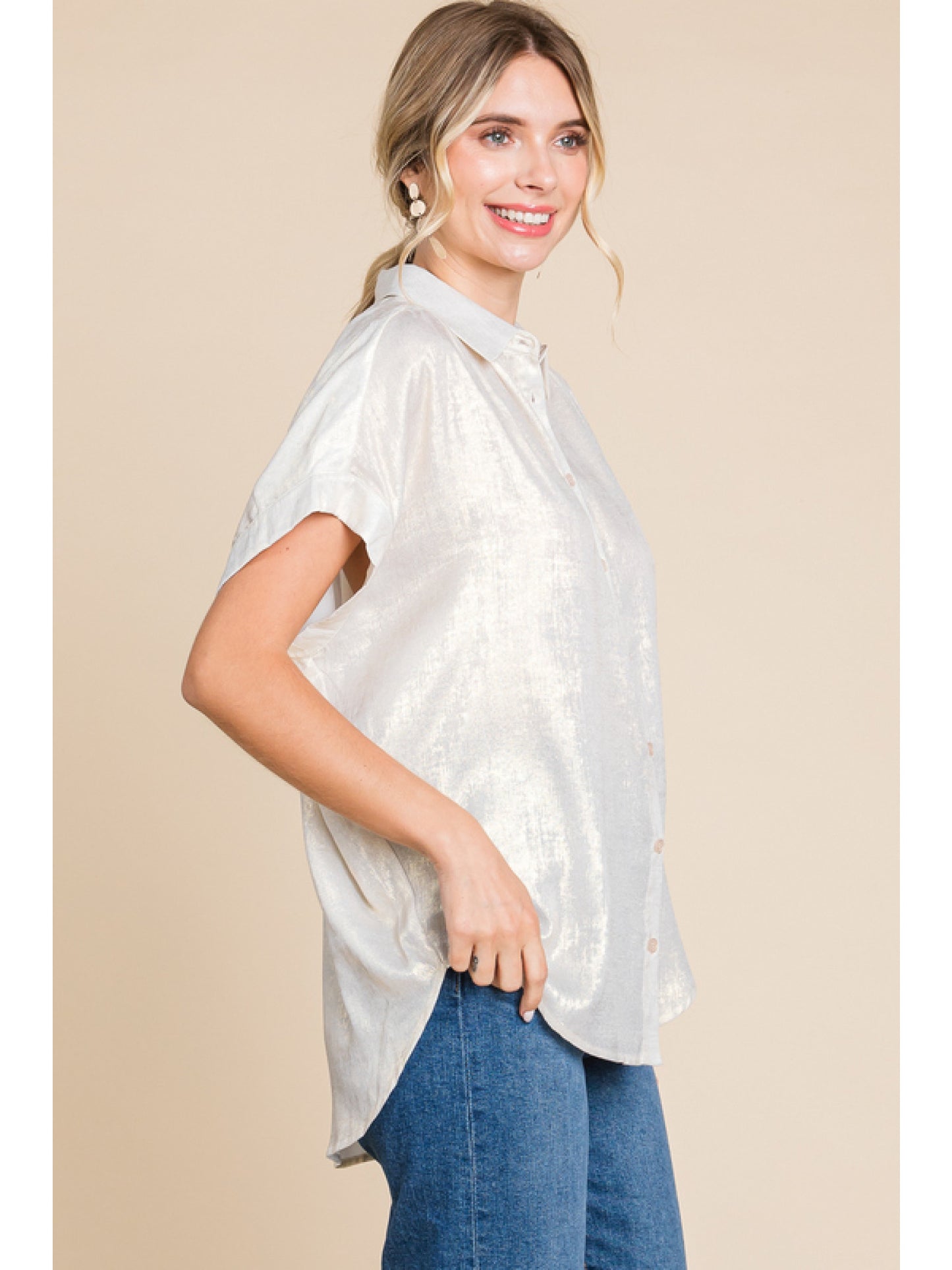 Ladies Jodifl Metallic Collared Button Up Top With Cuffed Short Sleeves and Ruched Shoulders