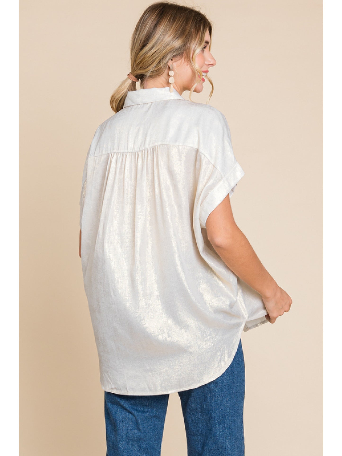 Ladies Jodifl Metallic Collared Button Up Top With Cuffed Short Sleeves and Ruched Shoulders