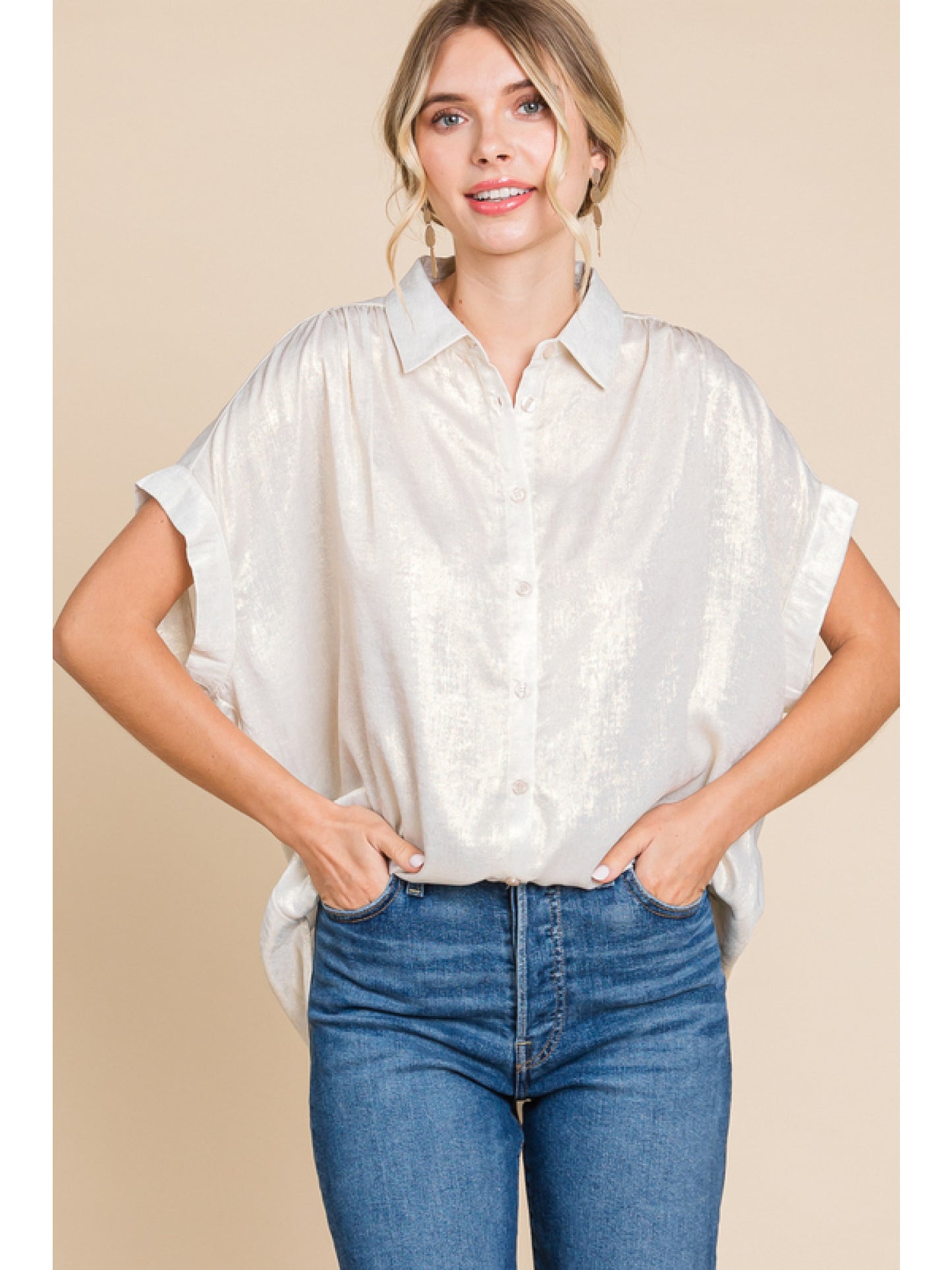Ladies Jodifl Metallic Collared Button Up Top With Cuffed Short Sleeves and Ruched Shoulders