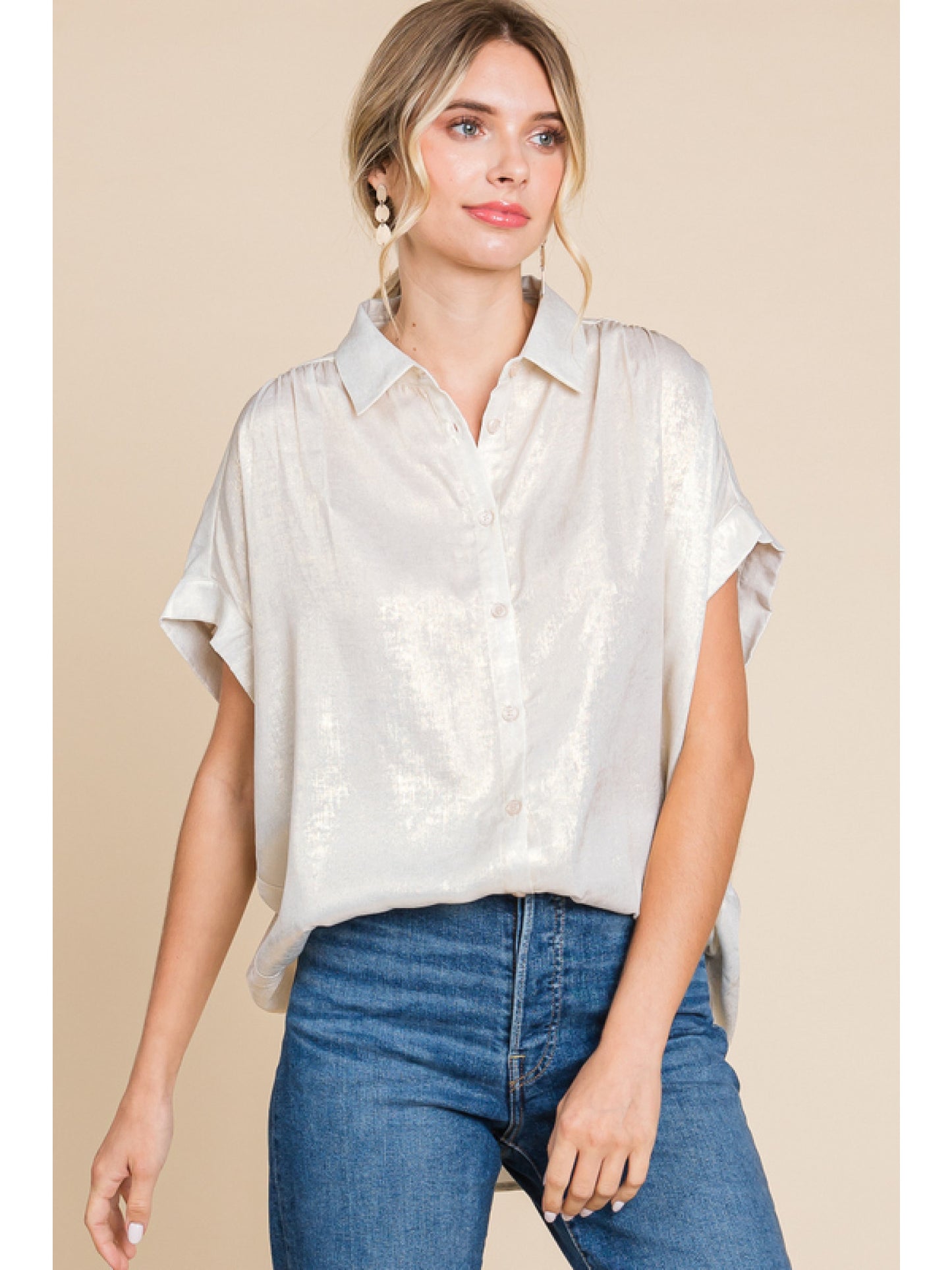 Ladies Jodifl Metallic Collared Button Up Top With Cuffed Short Sleeves and Ruched Shoulders