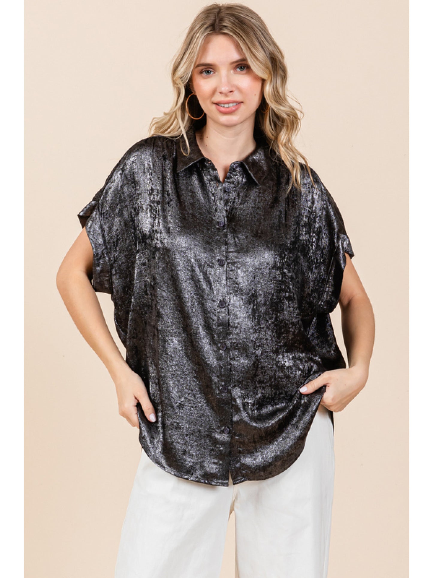 Ladies Jodifl Metallic Collared Button Up Top With Cuffed Short Sleeves and Ruched Shoulders