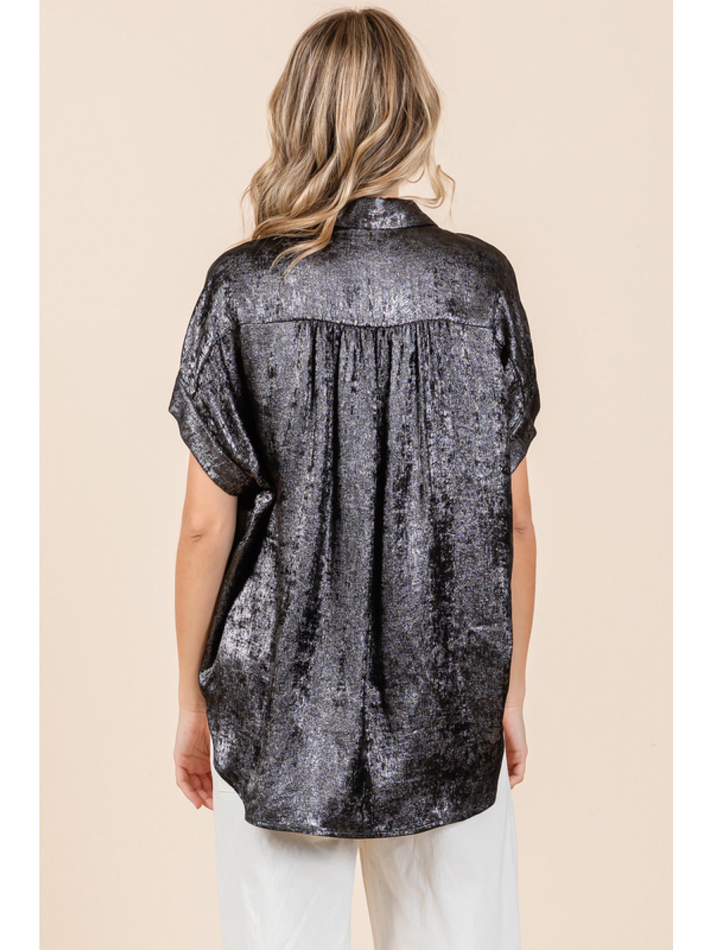 Ladies Jodifl Metallic Collared Button Up Top With Cuffed Short Sleeves and Ruched Shoulders