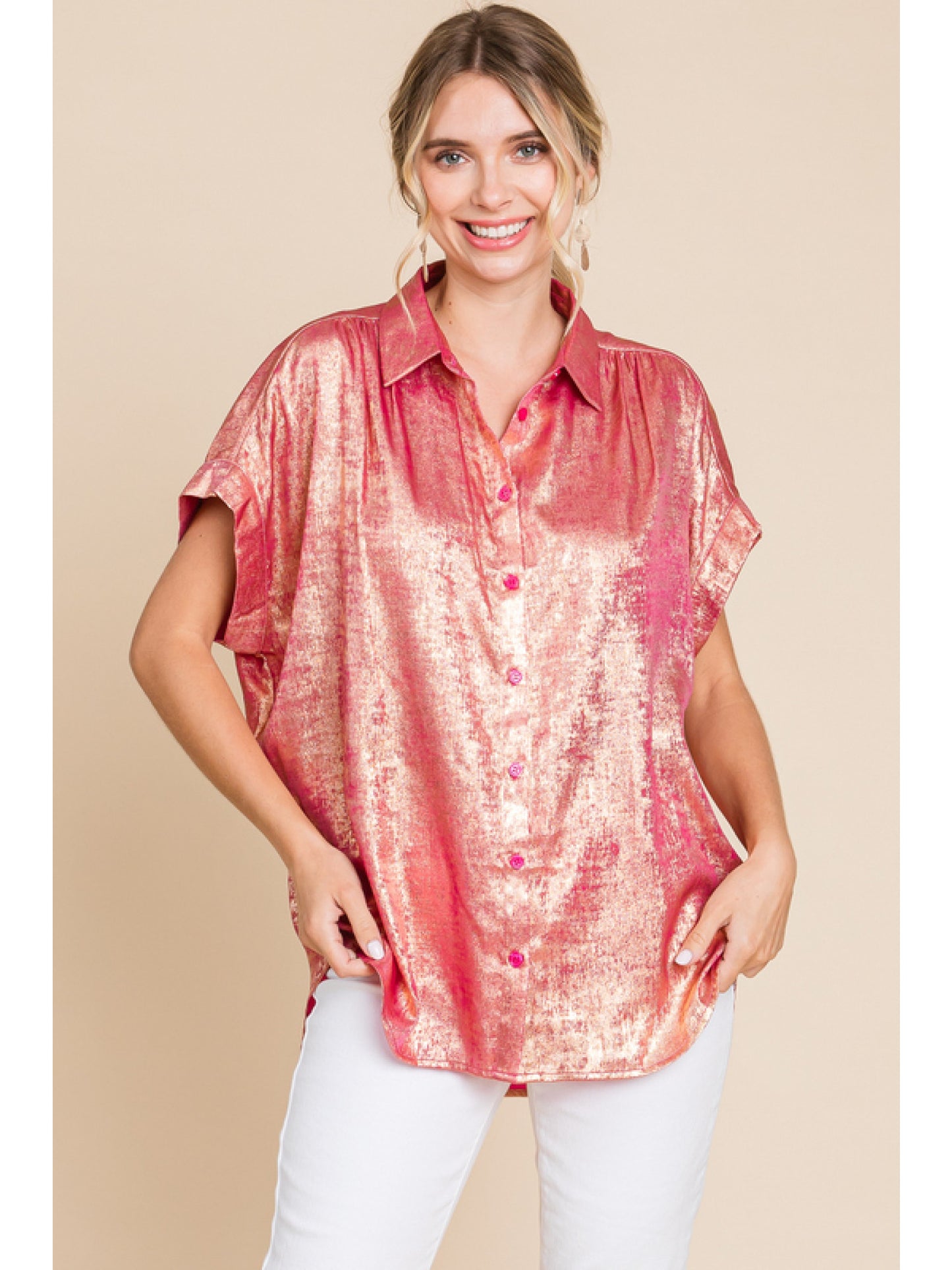 Ladies Jodifl Metallic Collared Button Up Top With Cuffed Short Sleeves and Ruched Shoulders