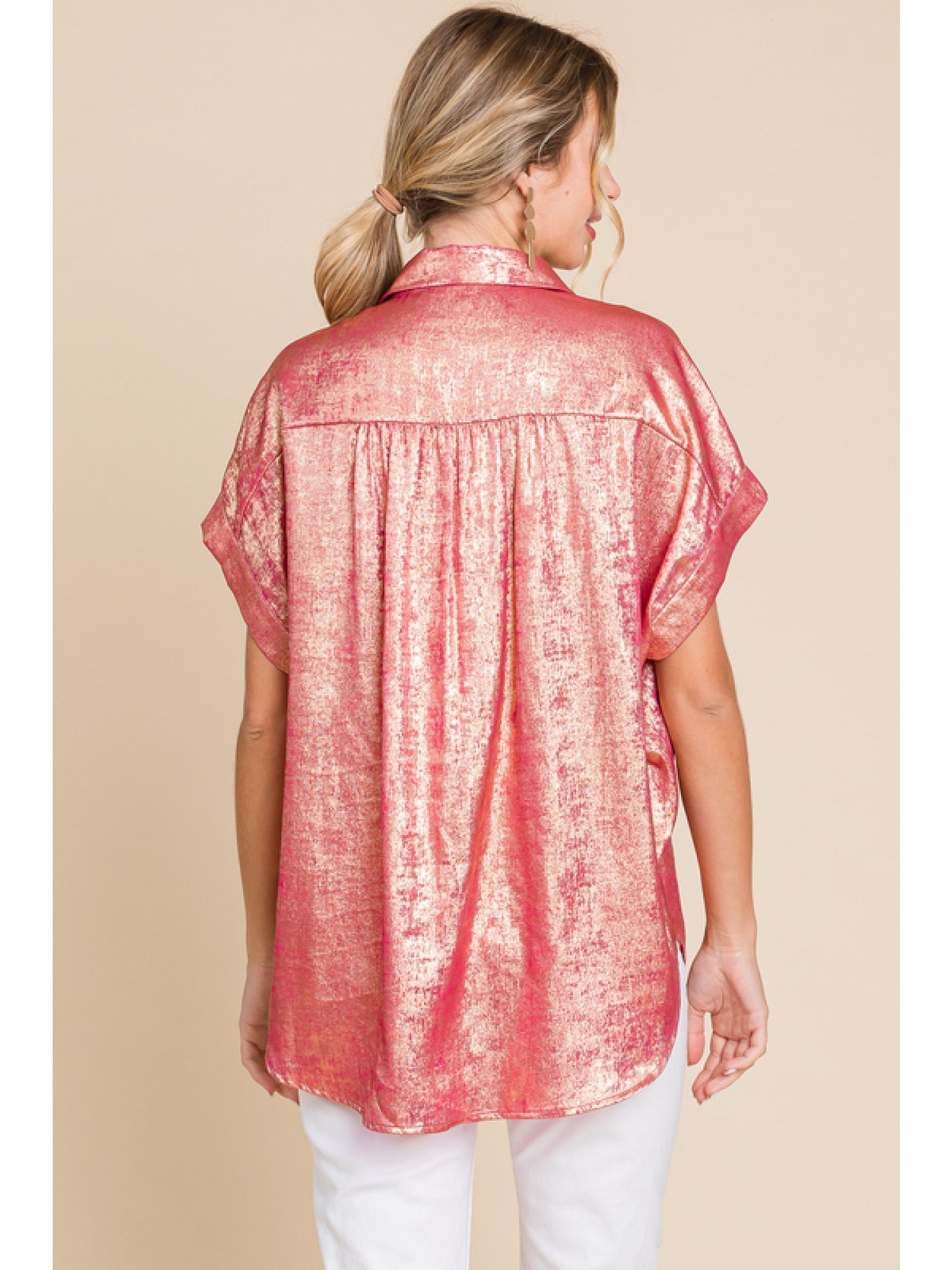 Ladies Jodifl Metallic Collared Button Up Top With Cuffed Short Sleeves and Ruched Shoulders