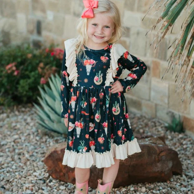 Girls Black Floral Skull Ruffle Dress by Shea Baby