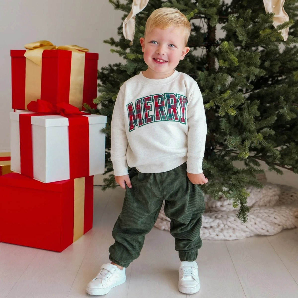 Girls Merry Tartan Patch Christmas Sweatshirt by Sweet Wink
