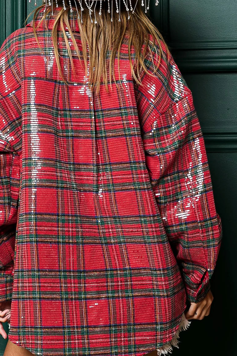 Ladies BiBi Allover Sequins Christmas Plaid Top-Red