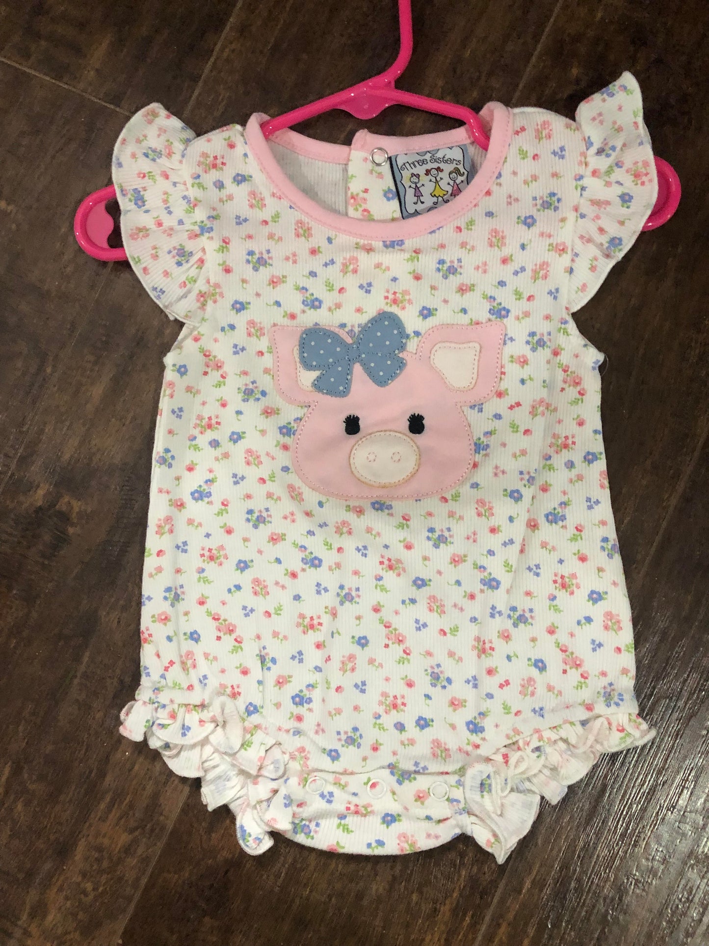 Girls Floral Knit Romper w/Pig Applique by Three Sisters