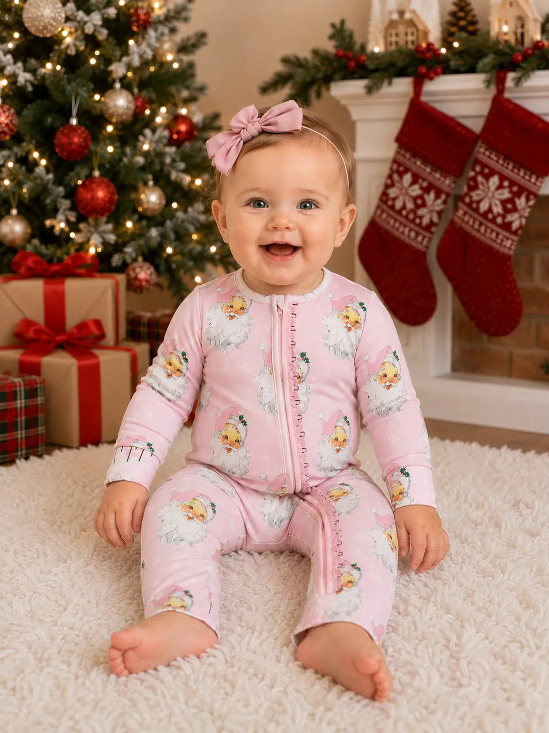 Girls Pink Vintage Santa Milk Silk Zip Up Romper by Little Bugz Boutique