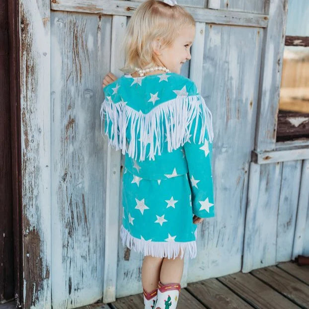 Girls Star Suede Fringe Turq/White Set by Shea Baby